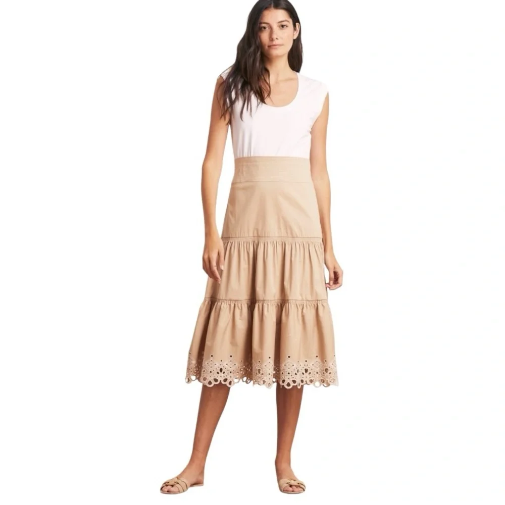 Veronica Beard Jeans Amaia Tiered Eyelet White Tan Combo Midi Dress Medium - Picture 1 of 13
